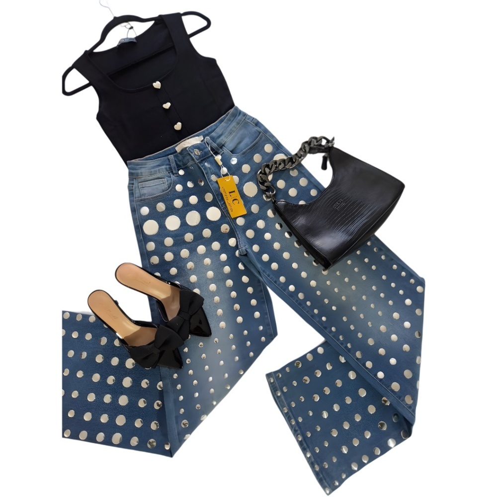 Lizette Mirror Studded Wide Leg Jeans | Medium (Fits Size 6) | High Rise Denim - Picture 2 of 9